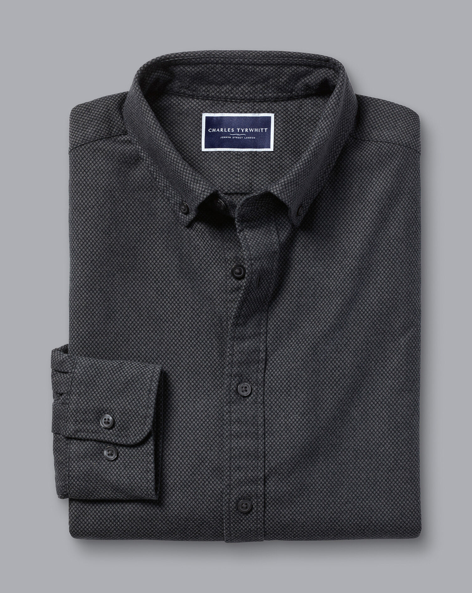 Button-Down Collar Dobby Flannel Shirt - Charcoal Grey | Charles