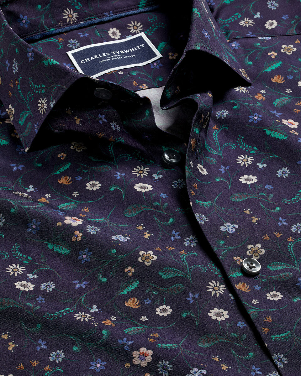 Made With Liberty Large Semi-Spread Collar - Fabric Print Tyrwhitt Shirt Floral Charles | Navy