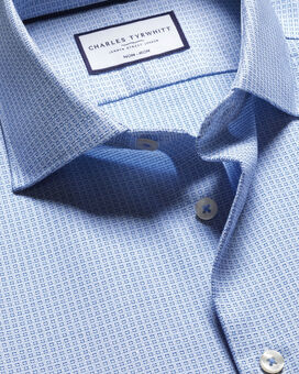 Semi-Spread Collar Non-Iron Stretch Texture Grid Shirt - Ice Blue