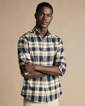 Button-Down Collar Non-Iron Twill Large Check Shirt - Sand | Charles ...