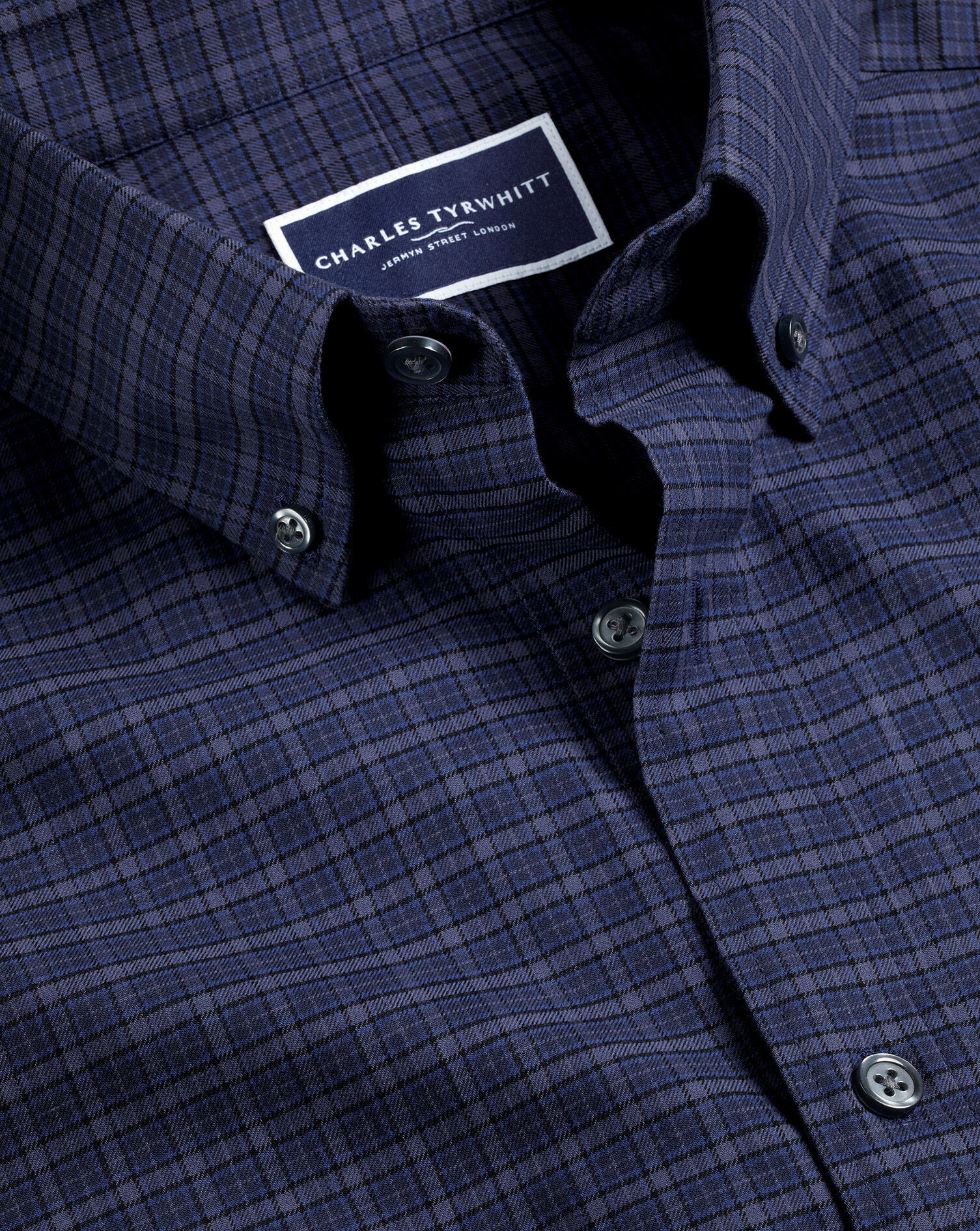 Button-Down Collar Brushed Cotton Twill Check Shirt - Indigo Blue