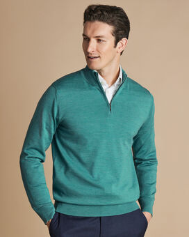 Merino Zip Neck Sweater  - Aqua Green