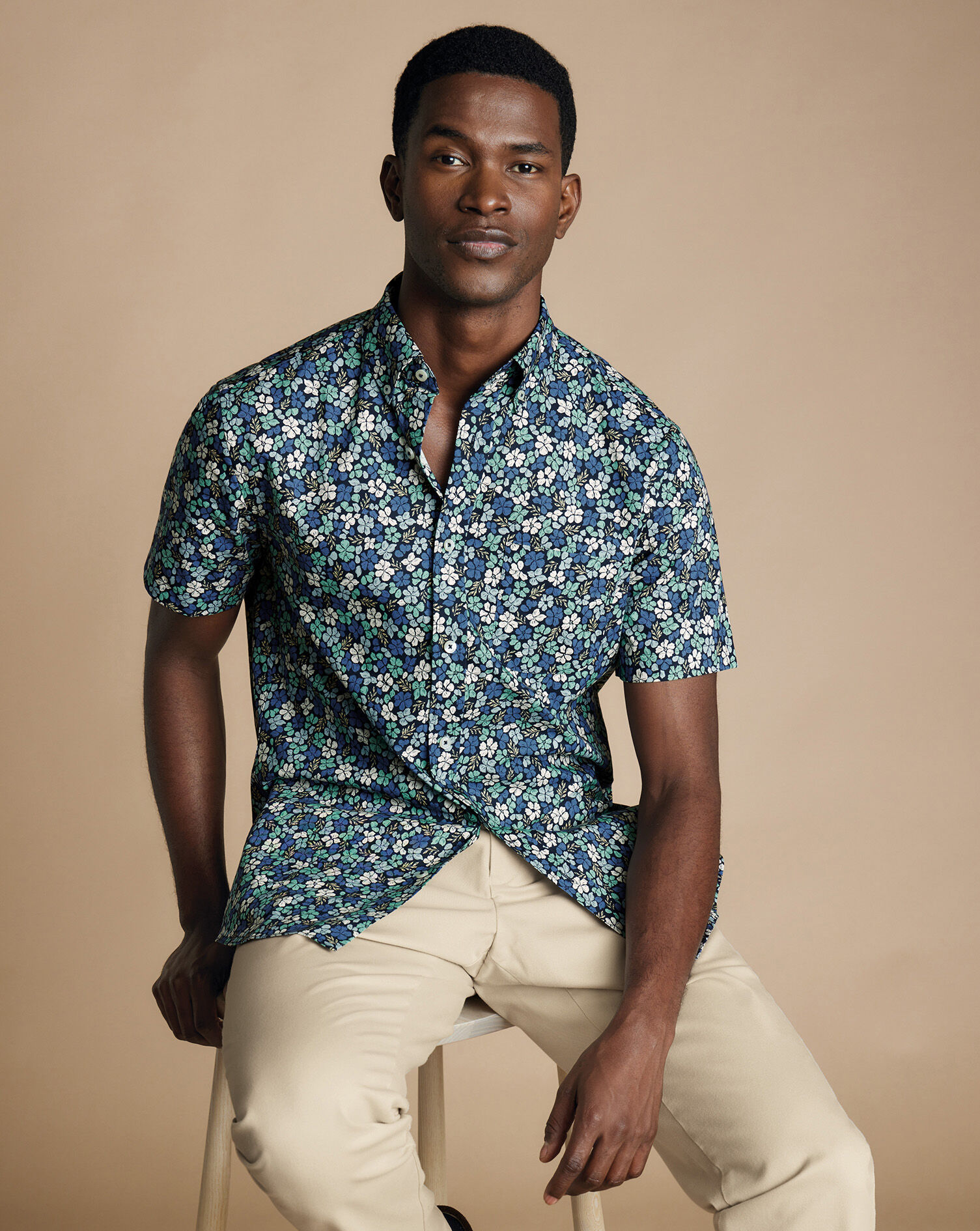 Non-Iron Floral Print Short Sleeve Shirt - Mid Blue | Charles Tyrwhitt