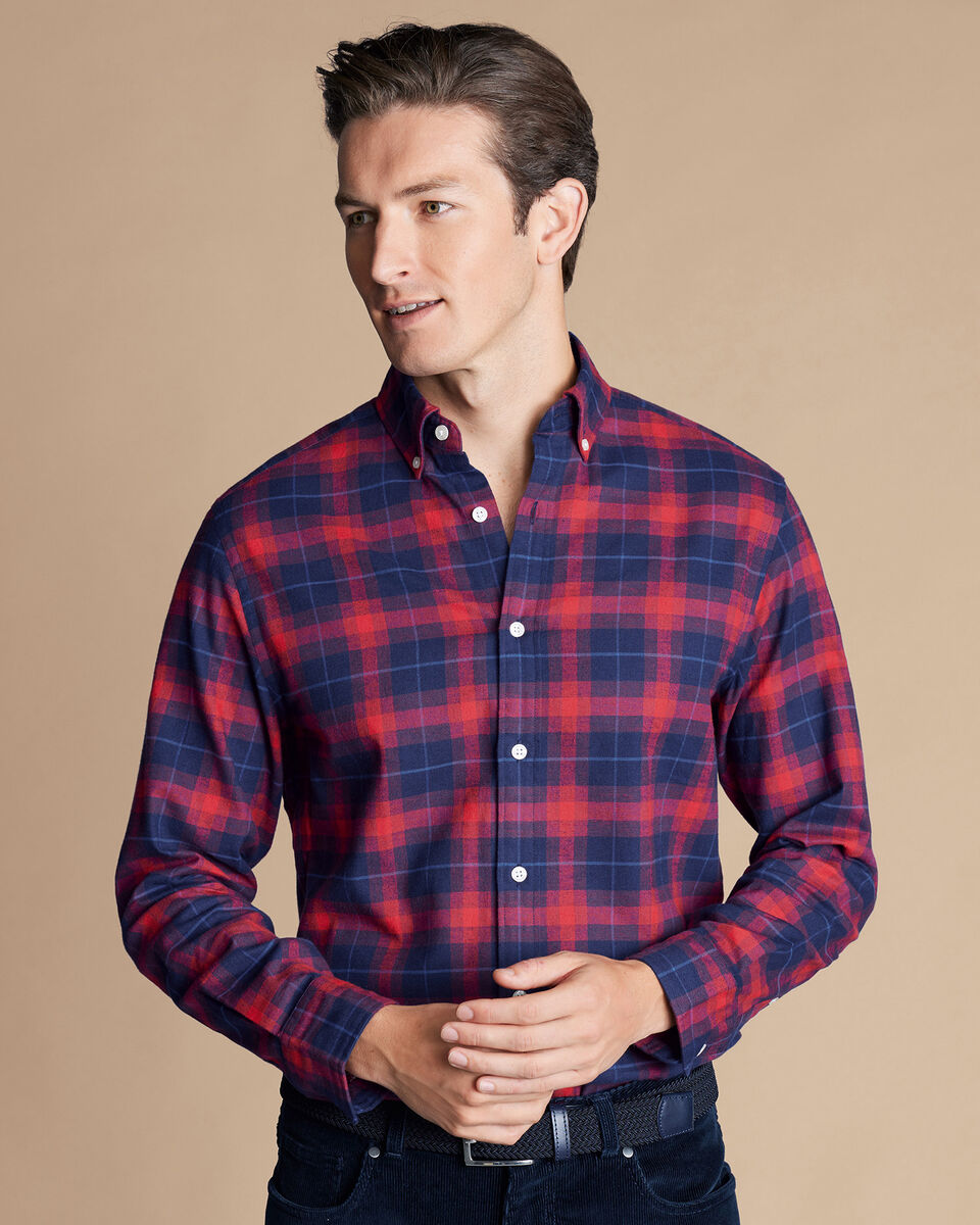 Brushed Flannel Check Shirt - Red | Charles Tyrwhitt