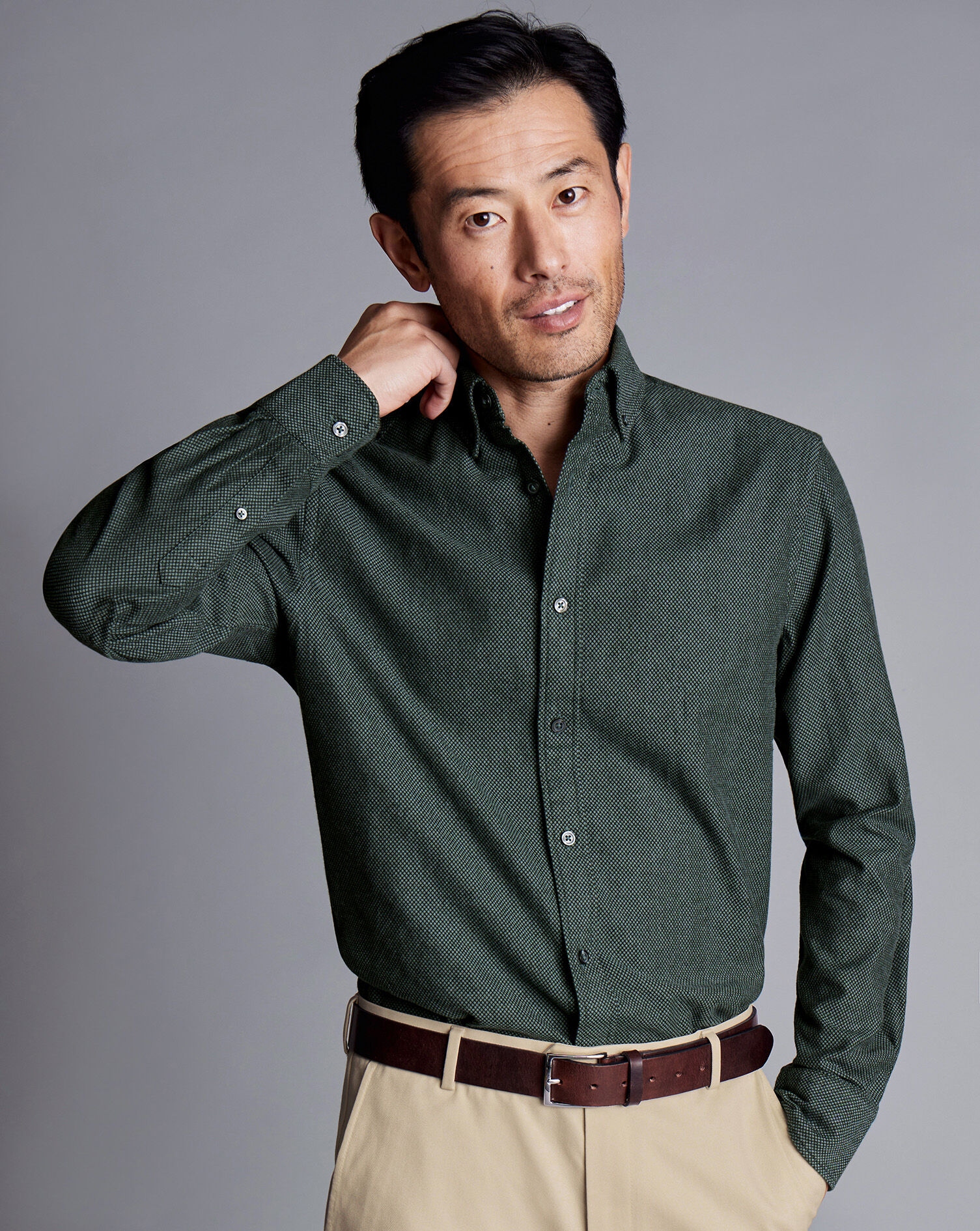 Button-Down Collar Dobby Flannel Shirt - Dark Green