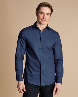 Chemise extensible à motif pétales géométrique à col semi-italien sans repassage - Bleu de France