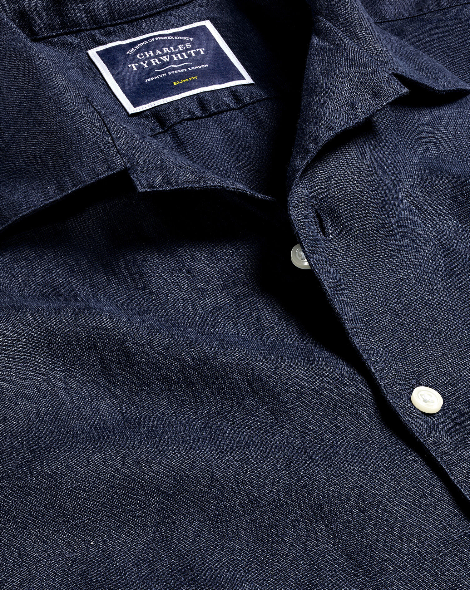 Revere Collar Pure Linen Short Sleeve Shirt - Navy Blue | Charles