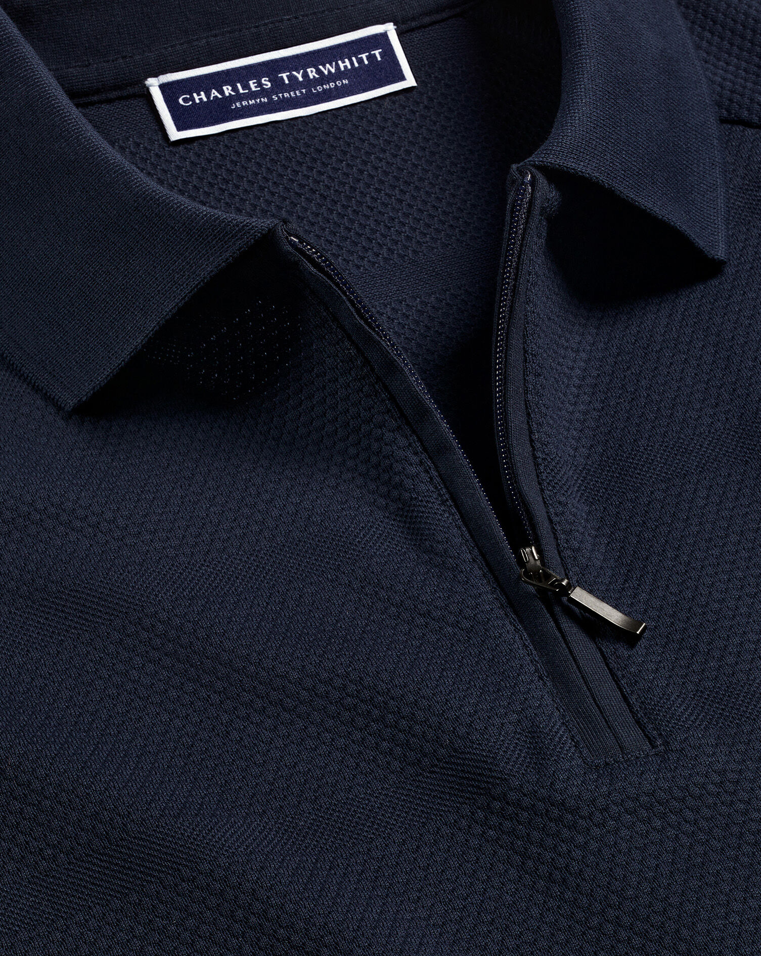 Popcorn Textured Tyrwhitt Cool Zip-Neck Polo - Navy