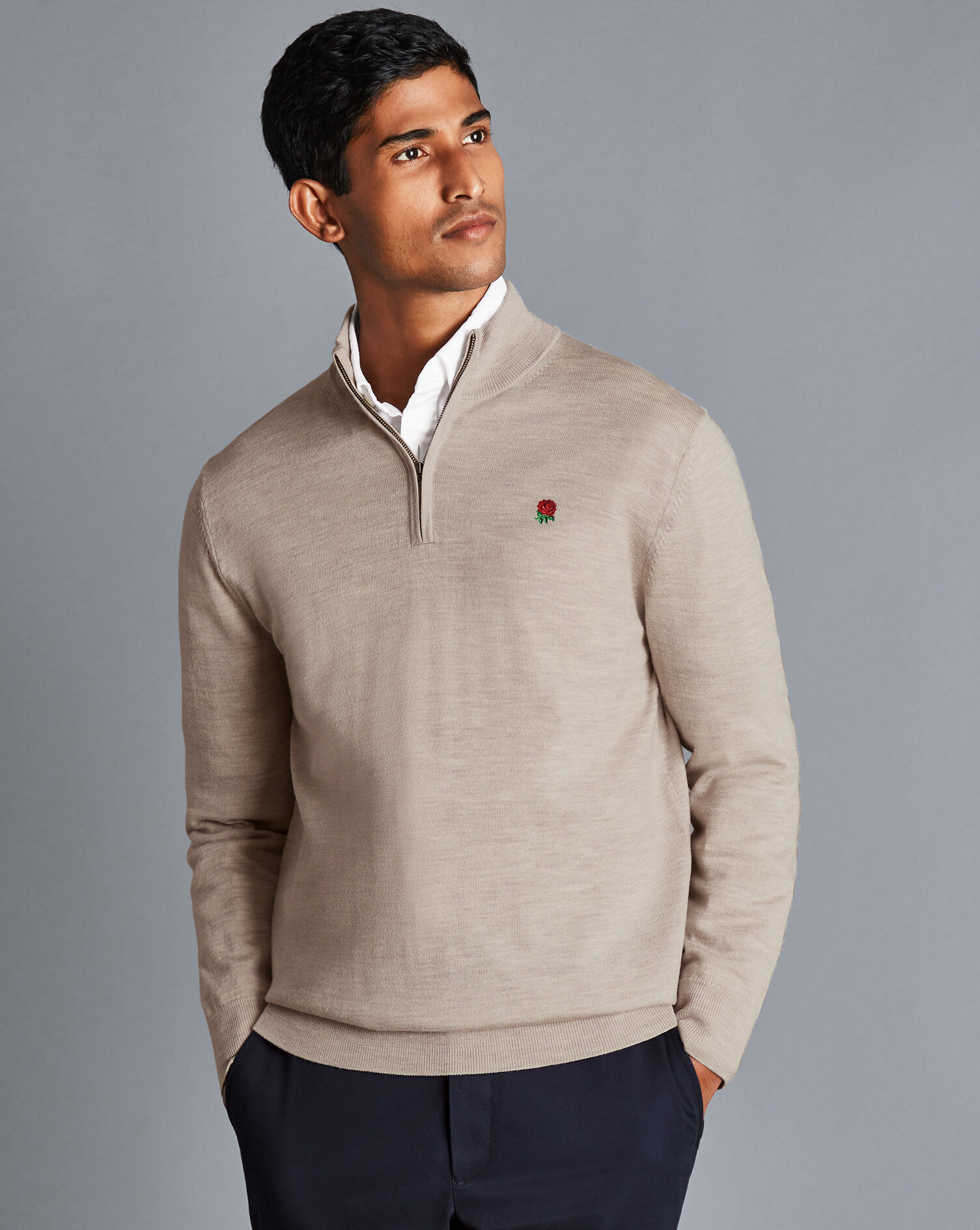 England Rugby Merino Zip Neck Jumper Limestone Charles Tyrwhitt