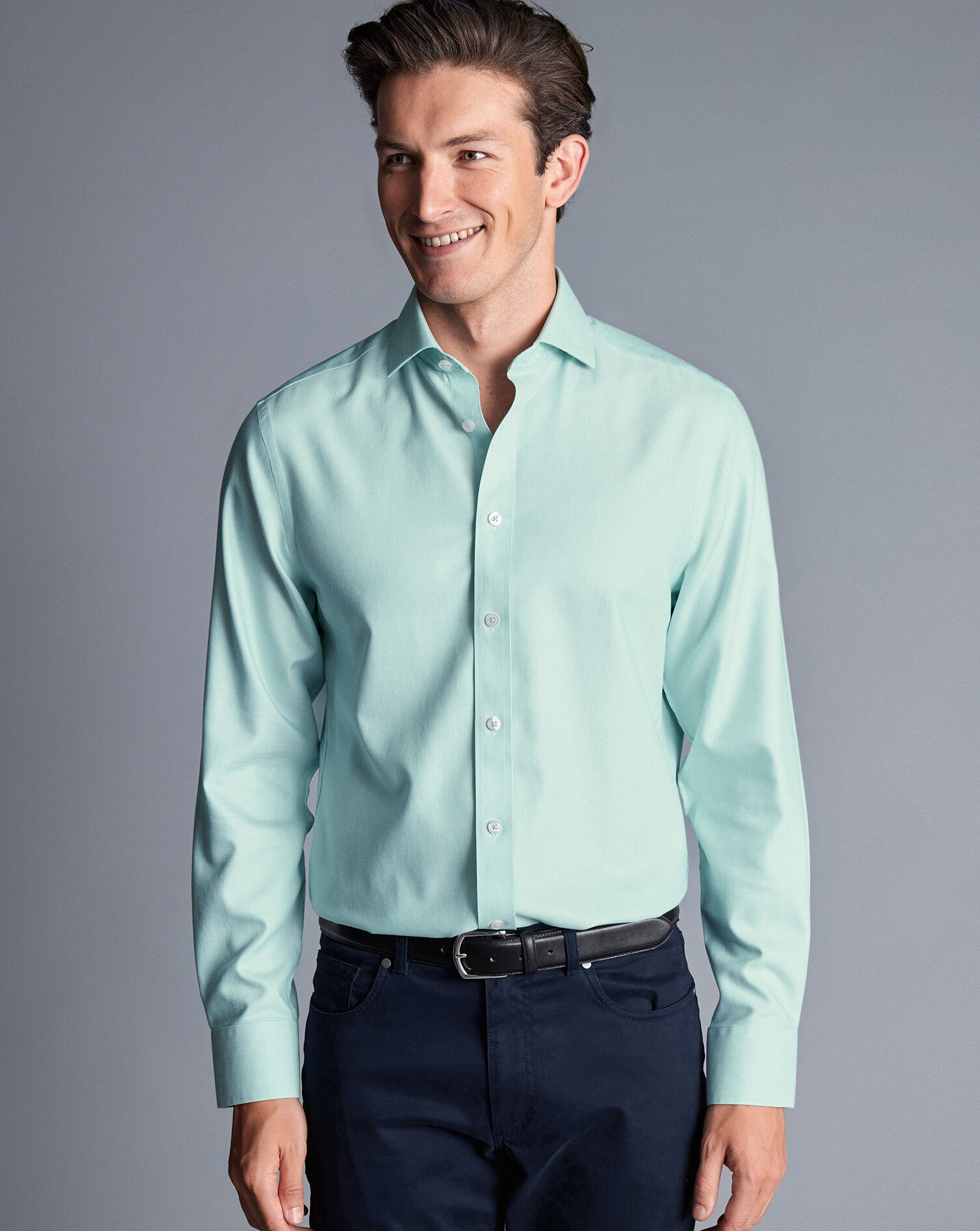 Spread Collar Non-Iron Clifton Weave Shirt - Aqua Green | Charles