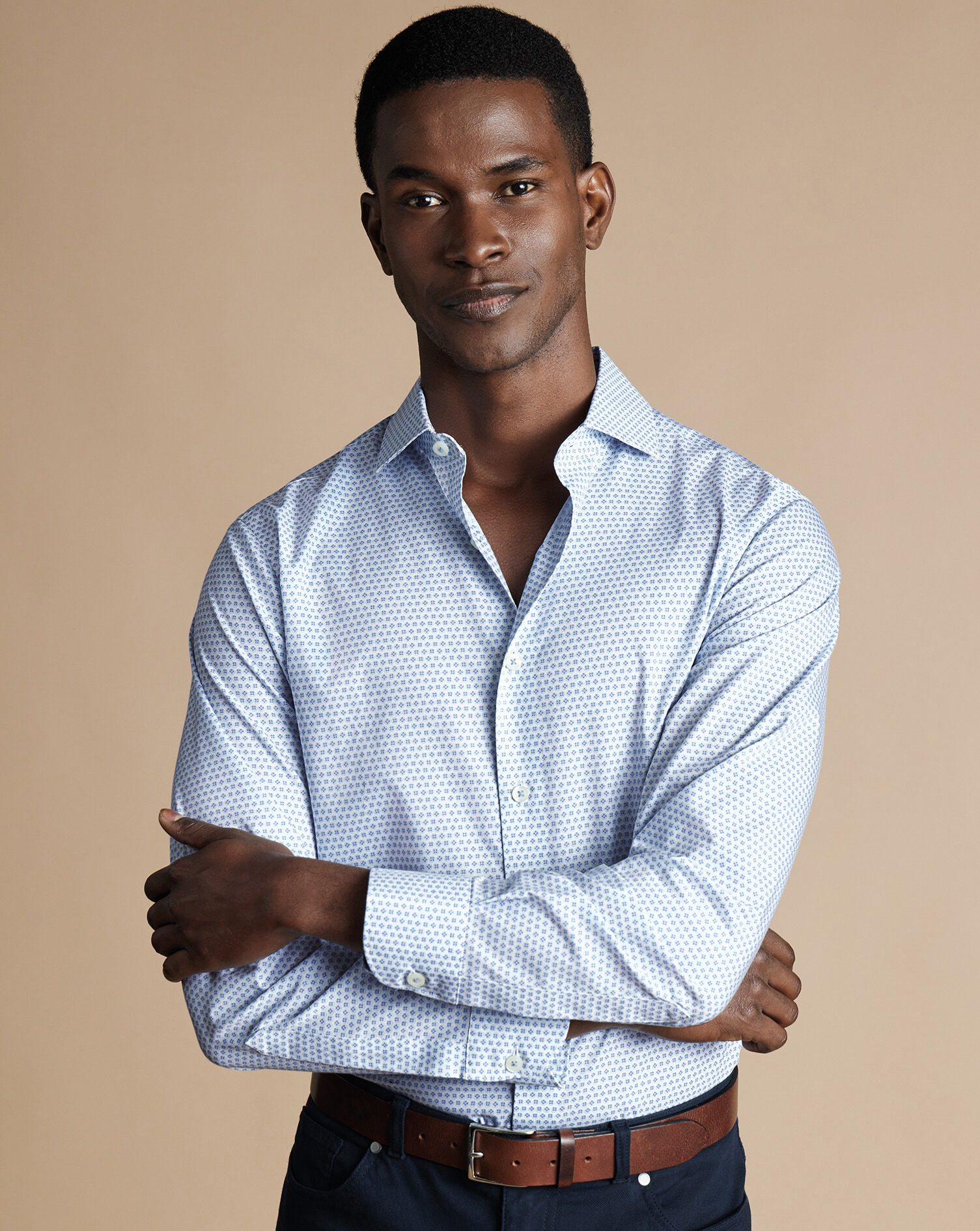 Semi-Spread Collar Non-Iron Stretch Floral Geo Print Shirt - Cobalt Blue