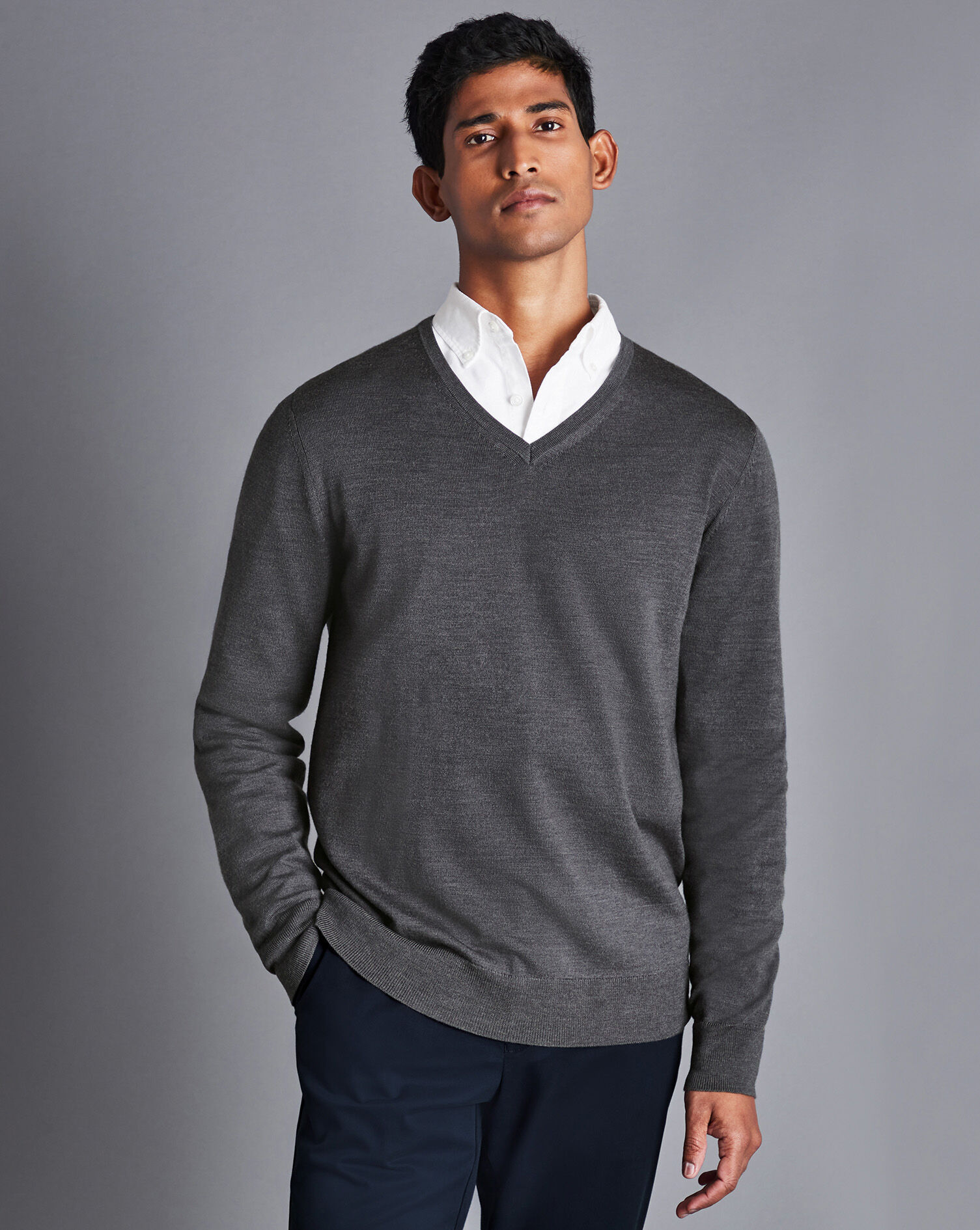 Merino V-Neck Sweater - Grey | Charles Tyrwhitt