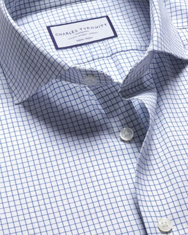 Semi-Spread Collar Non-Iron Stretch Twill Fine Check Shirt - Ocean Blue