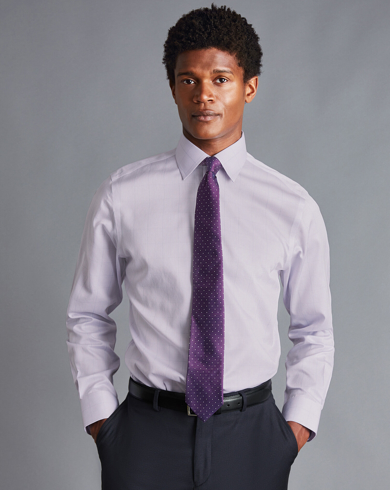 Non-Iron Twill Puppytooth Check Shirt - Lavender Purple | Charles