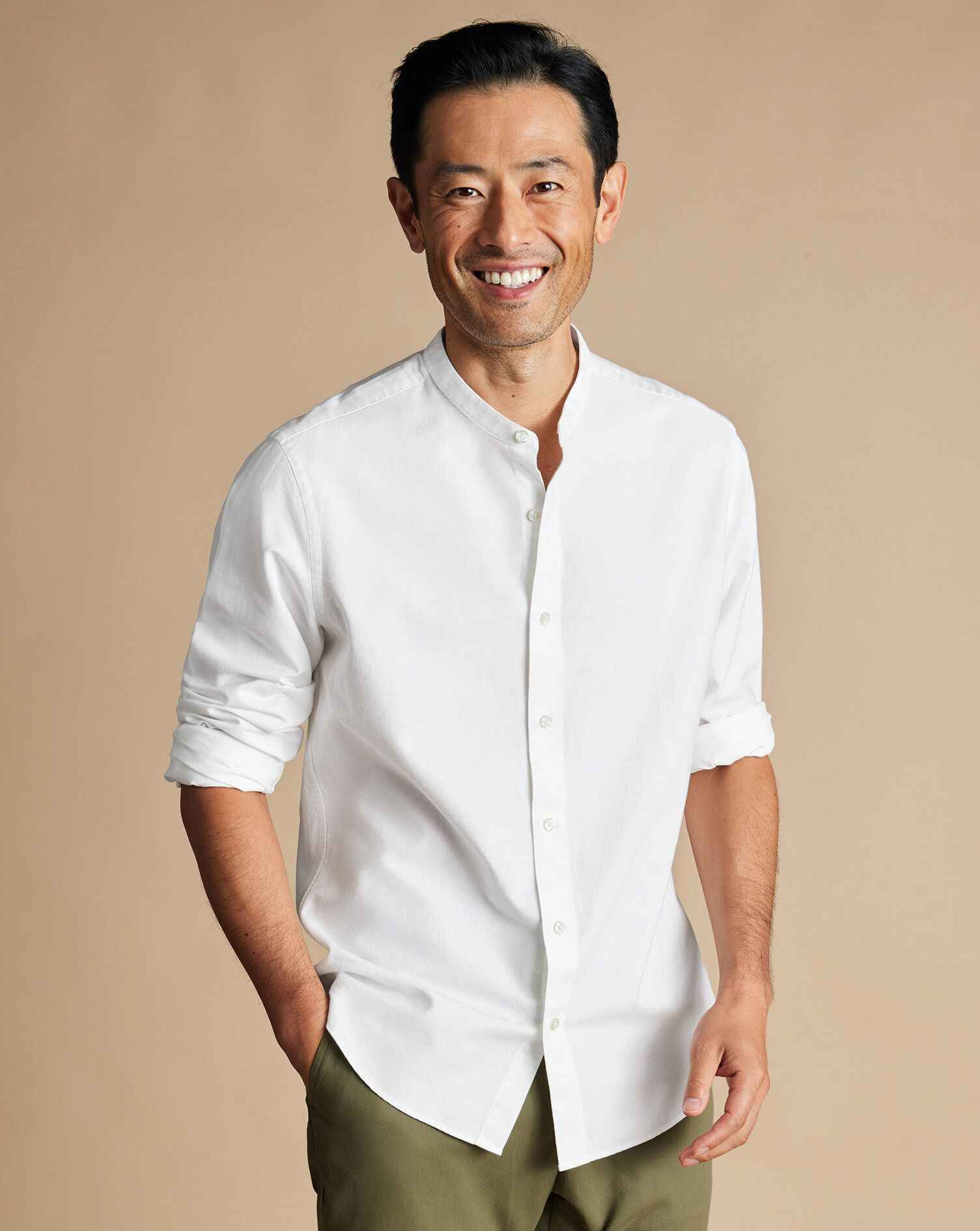Collarless Cotton Linen Shirt - White