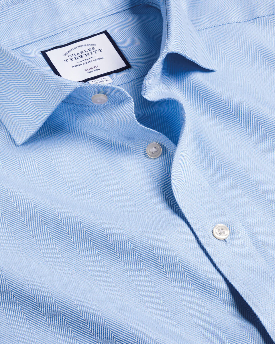 Spread Collar Non-Iron Herringbone Shirt - Sky Blue | Charles Tyrwhitt