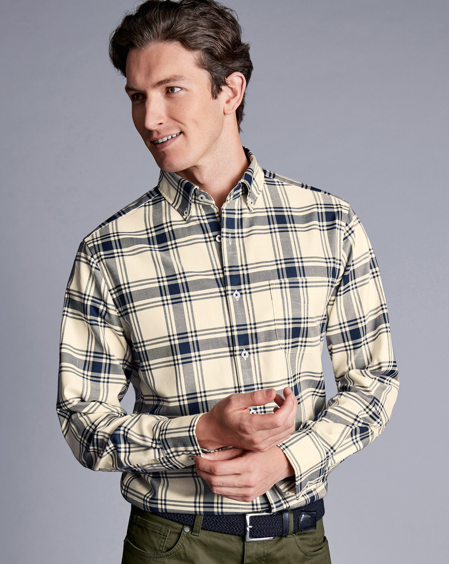 Button-Down Collar Non-Iron Twill Large Check Shirt - Cream