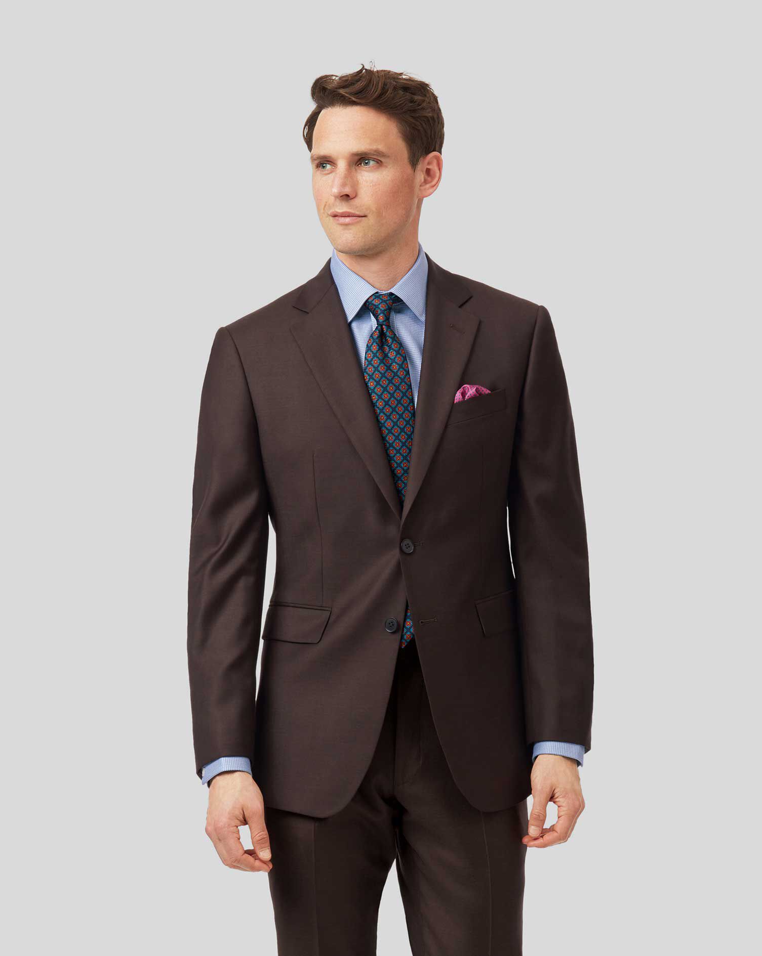 gray suit coral tie