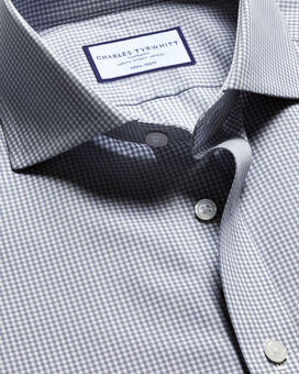 Spread Collar Non-Iron Poplin Mini Gingham Check Shirt - Light Grey