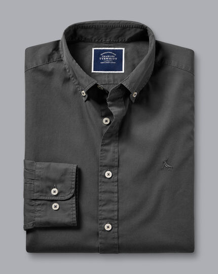 Button-Down Collar Washed Fine Twill Shirt - Charcoal Grey | Charles ...