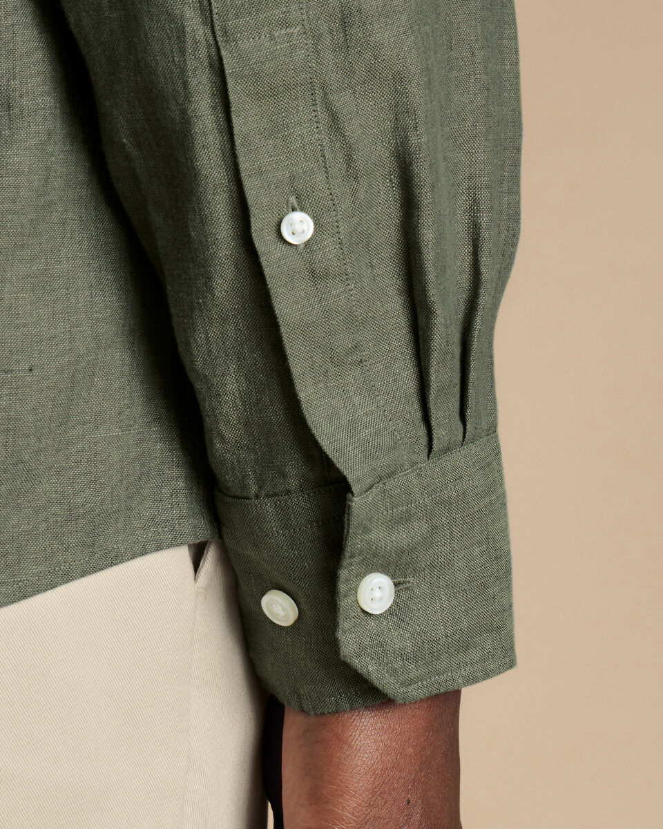 Granddad Collar Pure Linen Shirt - Olive Green | Charles Tyrwhitt