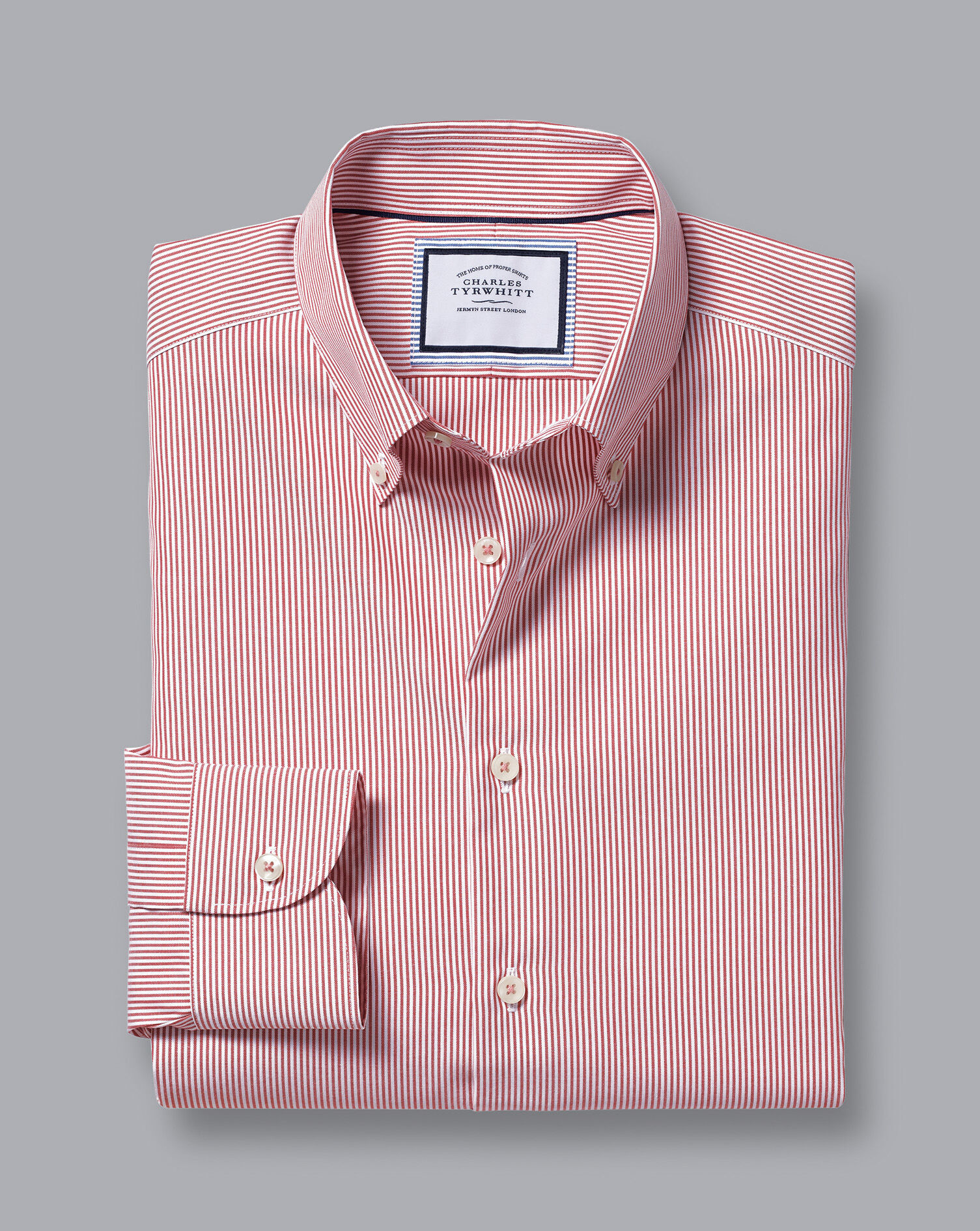 Button-Down Collar Non-Iron Stripe Shirt - Coral Pink | Charles