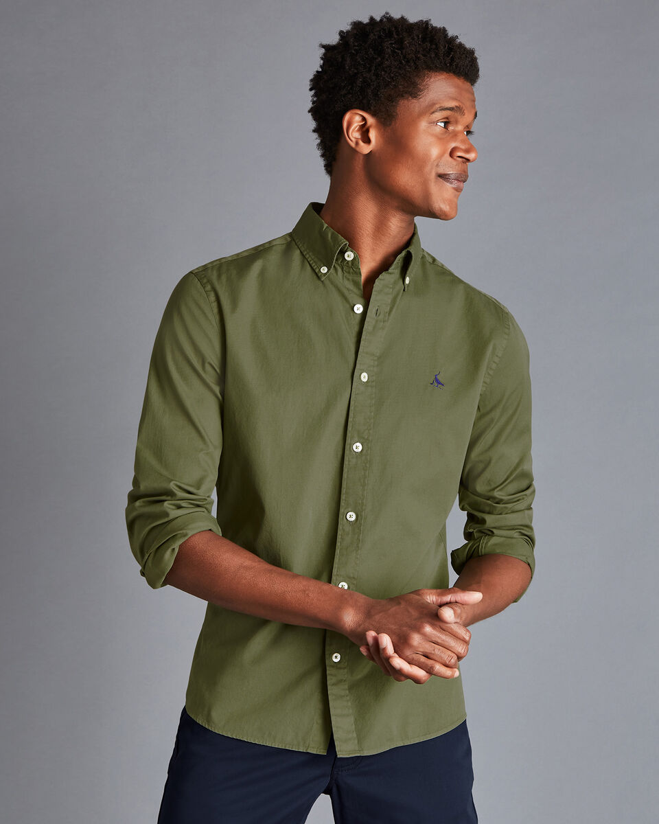 Washed Twill Charles Button-Down Green Shirt Collar Olive Fine - Tyrwhitt |