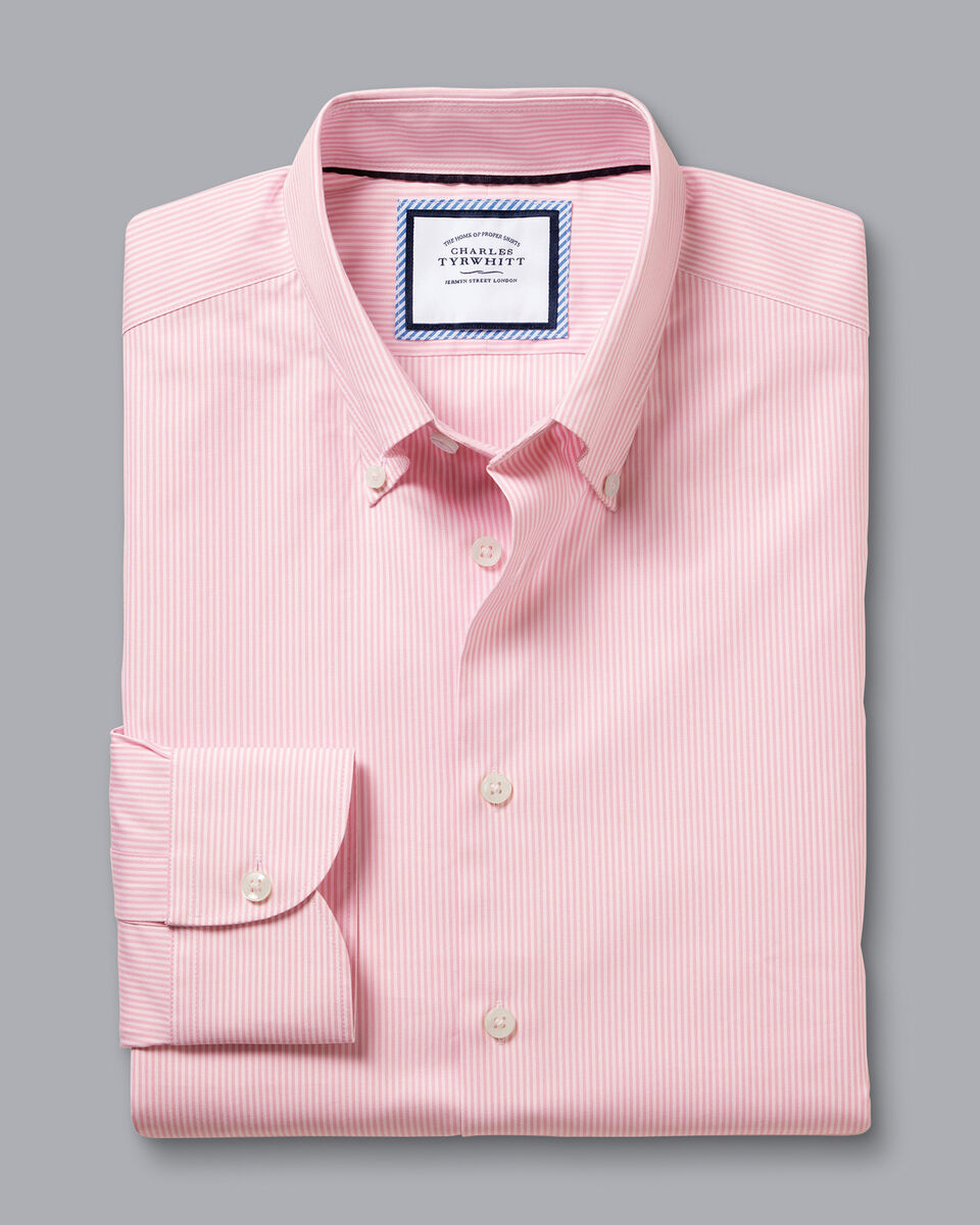 Button-Down Collar Non-Iron Oxford Stripe Shirt - Pink | Charles Tyrwhitt