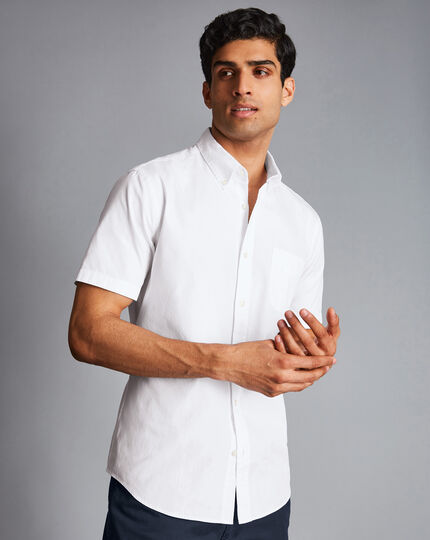 Men's Charles Tyrwhitt Button-Down Collar Washed Oxford Short Sleeve Casual Shirt - White Single Cuff Size Medium Cotton