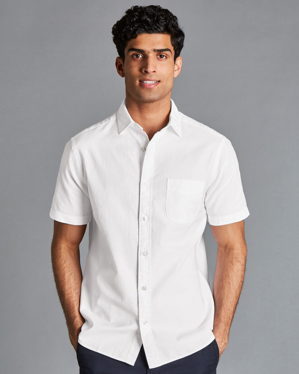 Cotton Linen Oxford Short Sleeve Shirt - White | Charles Tyrwhitt