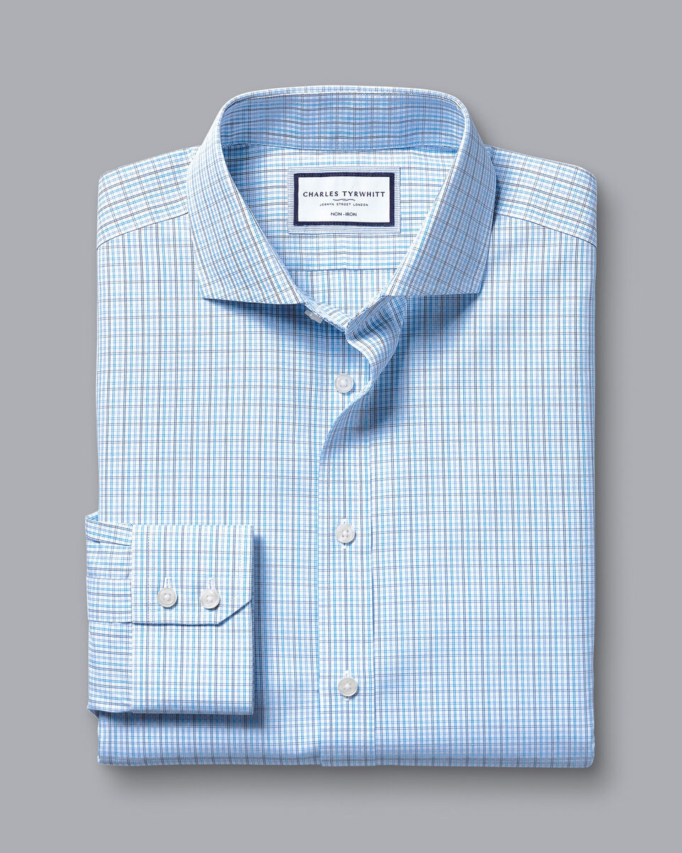 Cutaway Collar Non-Iron Fine Line Check Shirt - Ocean Blue | Charles ...