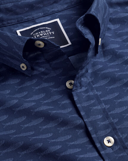 Button-Down Non-Iron Stretch Poplin Fish Print Sleeve Shirt - Charles Tyrwhitt