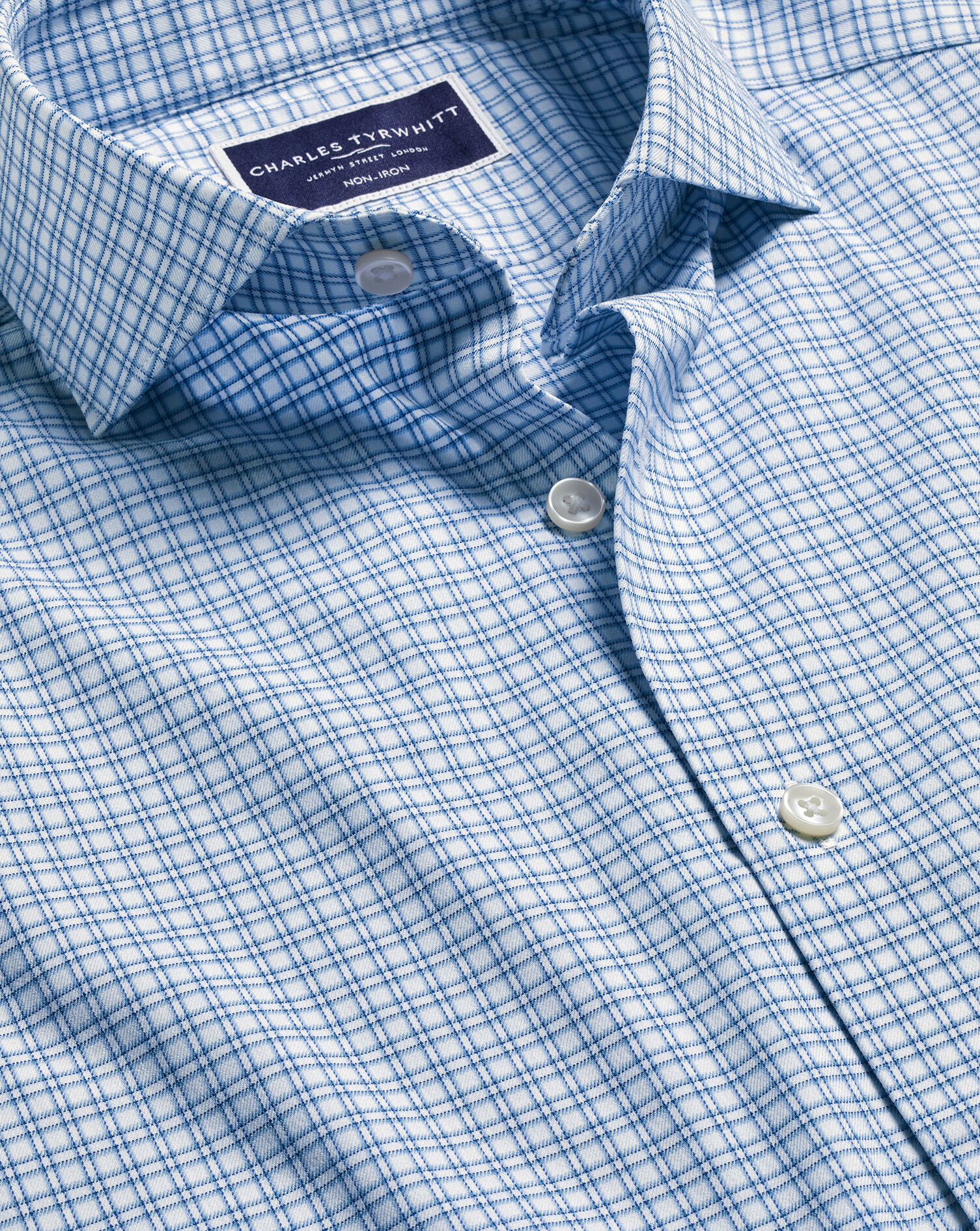 Non-Iron Stretch Twill Grid Check Shirt - Ocean Blue | Charles
