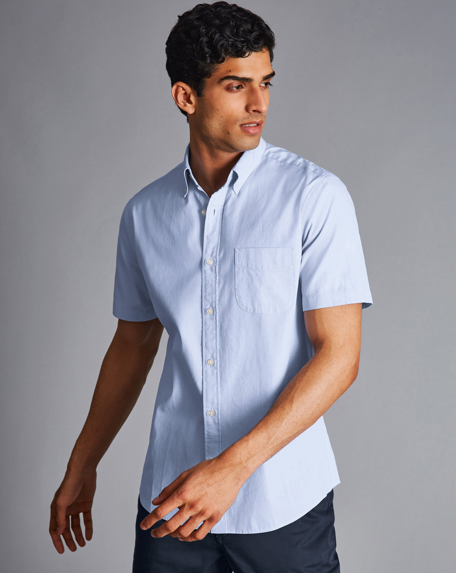 Button-Down Collar Washed Oxford Short Sleeve Shirt - Sky Blue