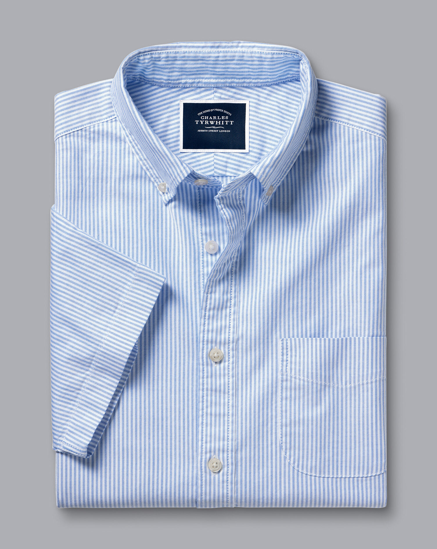 Button-Down Collar Washed Oxford Stripe Short Sleeve Shirt - Ocean