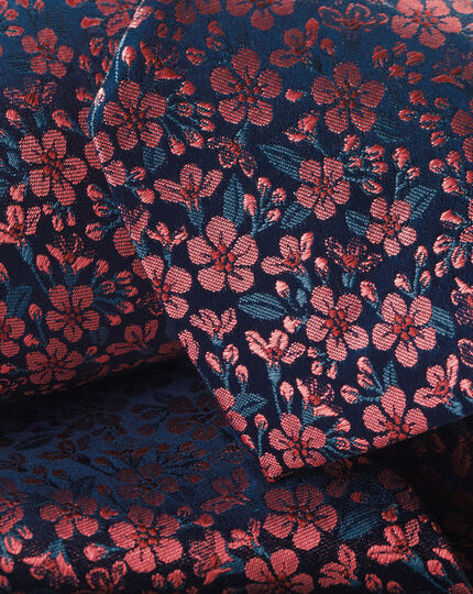 Floral Print Silk Pocket Square - Salmon Pink & French Blue