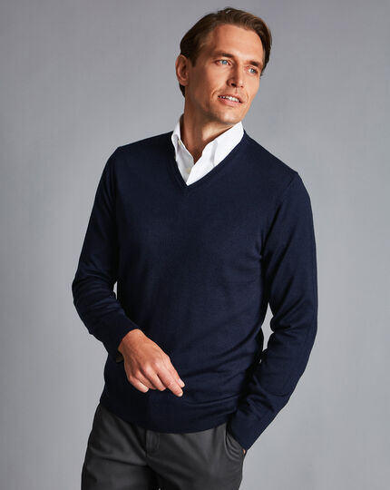 Men's Charles Tyrwhitt V-Neck Sweater - Navy Blue Size XXL Merino