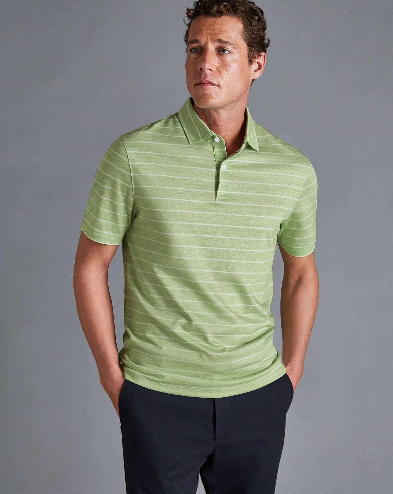 Linen Cotton Stripe Polo - Green