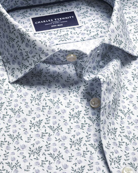 Chemise extensible à motif floral à col semi-italien sans repassage - Blanc