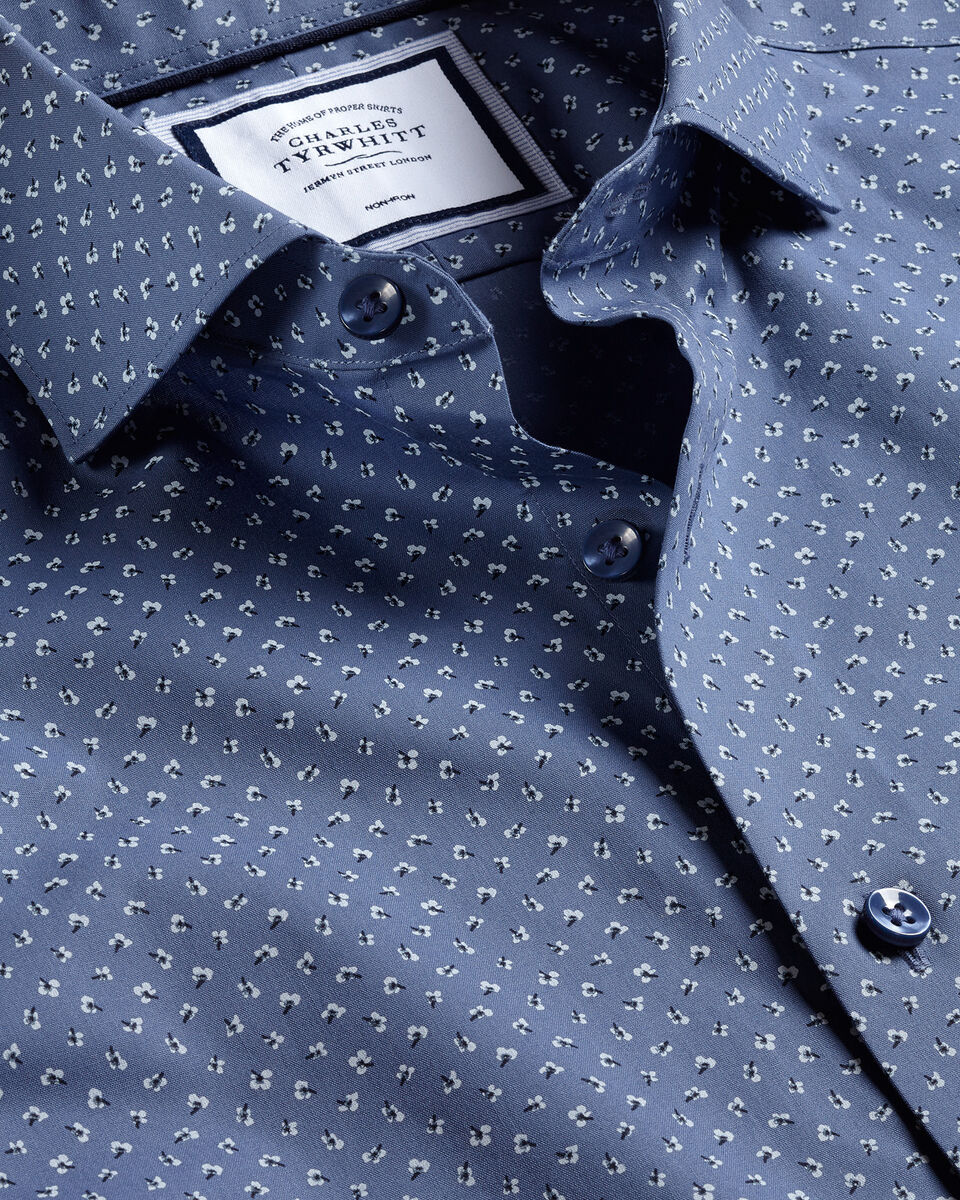 Semi-Cutaway Collar Non-Iron Floral Print Shirt - Steel Blue | Charles ...