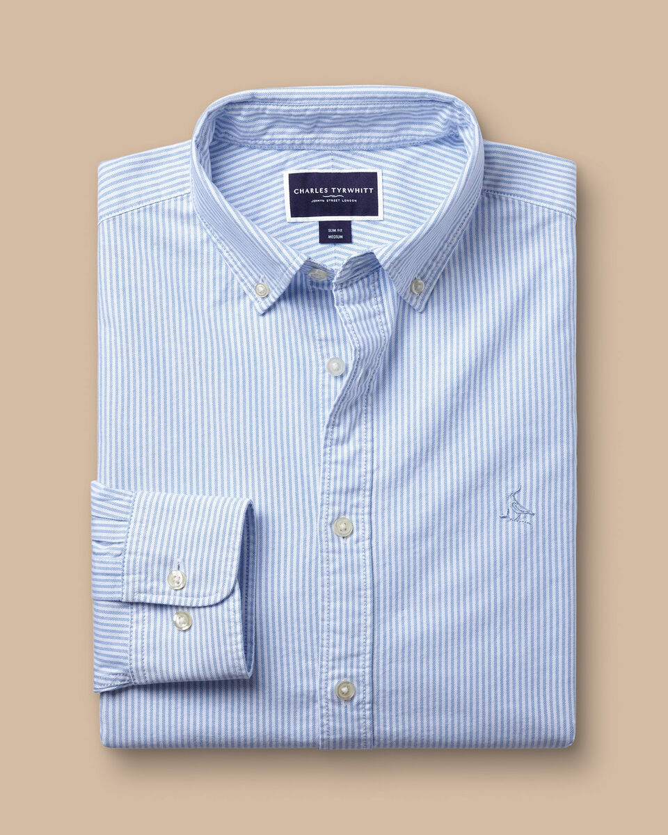 Button-Down Collar Stretch Washed Oxford Stripe Shirt - Ocean Blue ...
