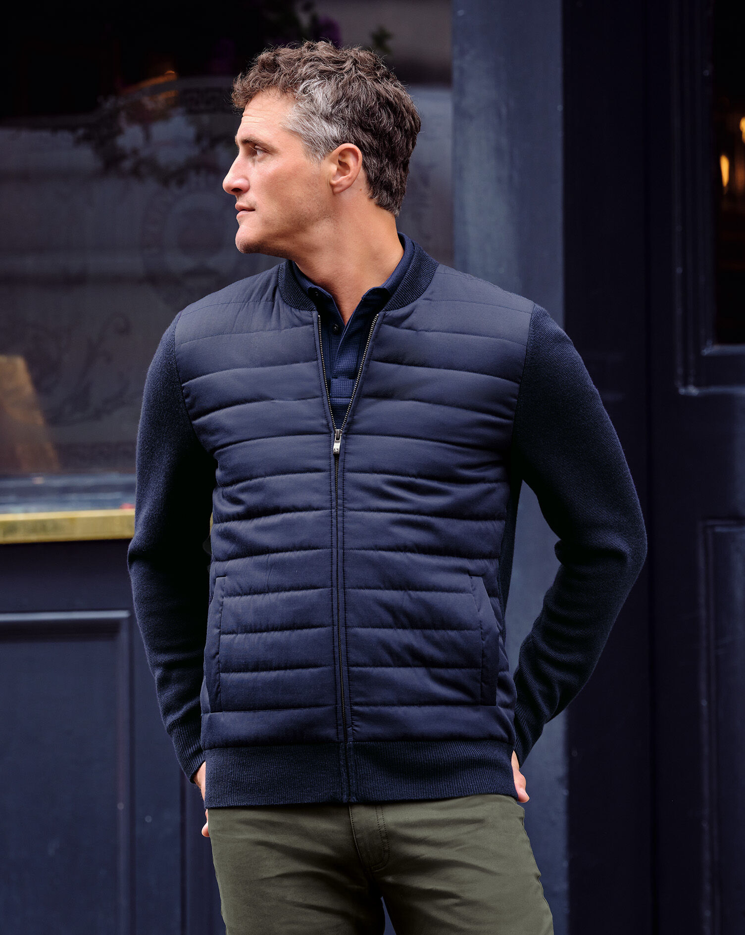 Merino Zip Through Hybrid Bomber Jacket - Navy | Charles Tyrwhitt