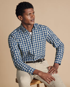 Button-Down Collar Non-Iron Stretch Poplin Plaid Check Shirt - Ocean Blue