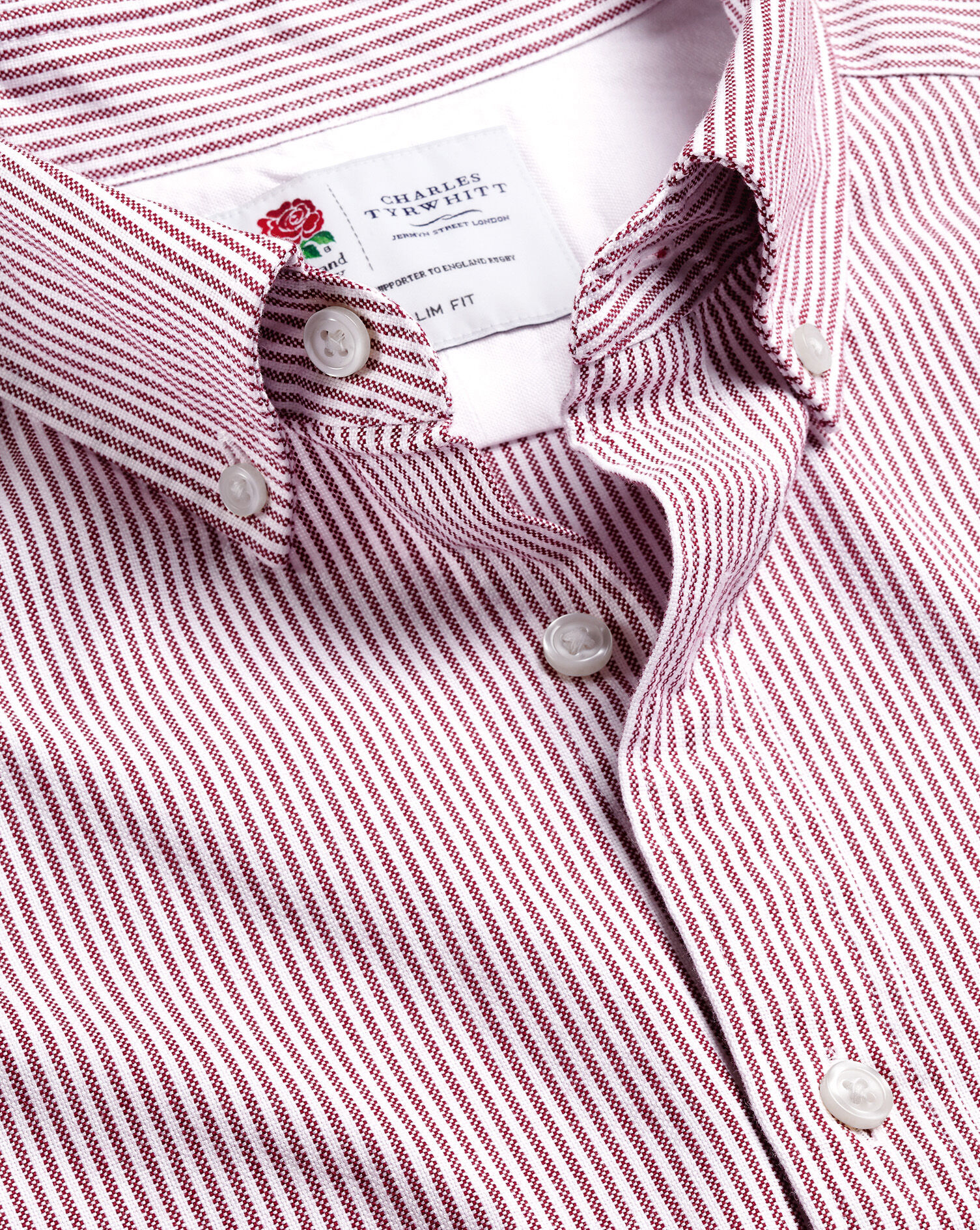 England Rugby Button-Down Collar Washed Oxford Stripe Shirt - Wine
