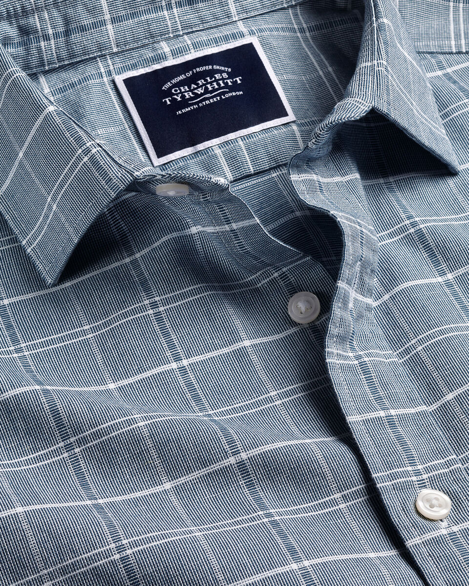 Charles | Tyrwhitt Cotton Linen Petrol - Check Short Blue Shirt Sleeve
