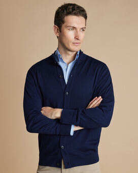 Merino Button Through Funnel Neck Cardigan - Navy