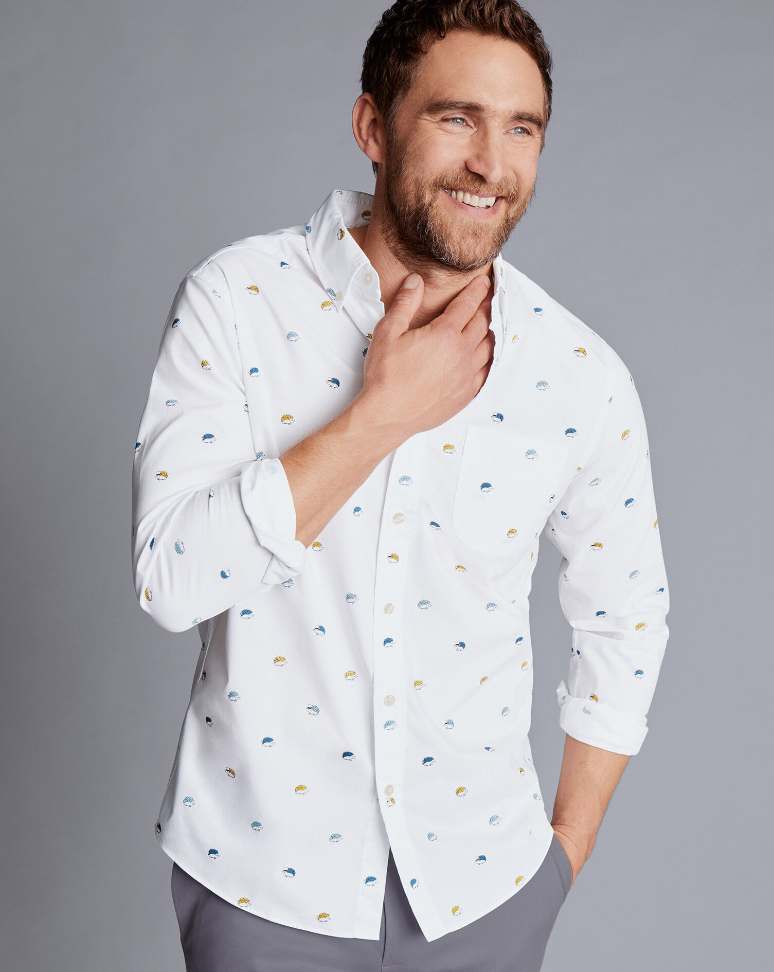 Button-Down Collar Non-Iron Hedgehog Print Shirt - Multi | Charles