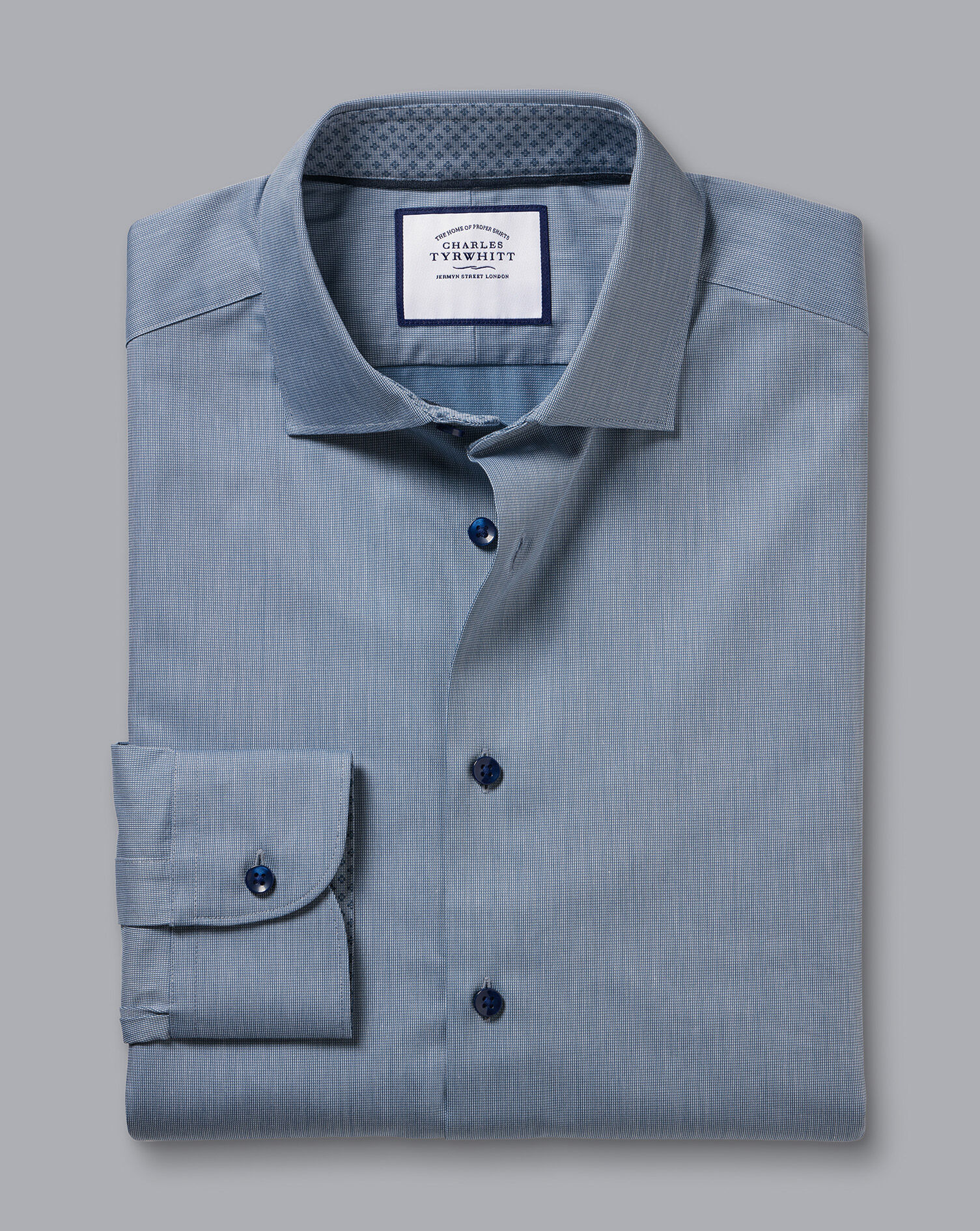 Semi-Spread Collar Twill Shirt with Printed Trim - Steel Blue