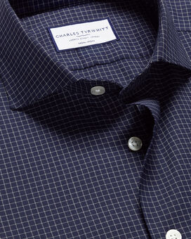 Semi-Spread Collar Non-Iron Stretch Twill Fine Check Shirt - French Blue