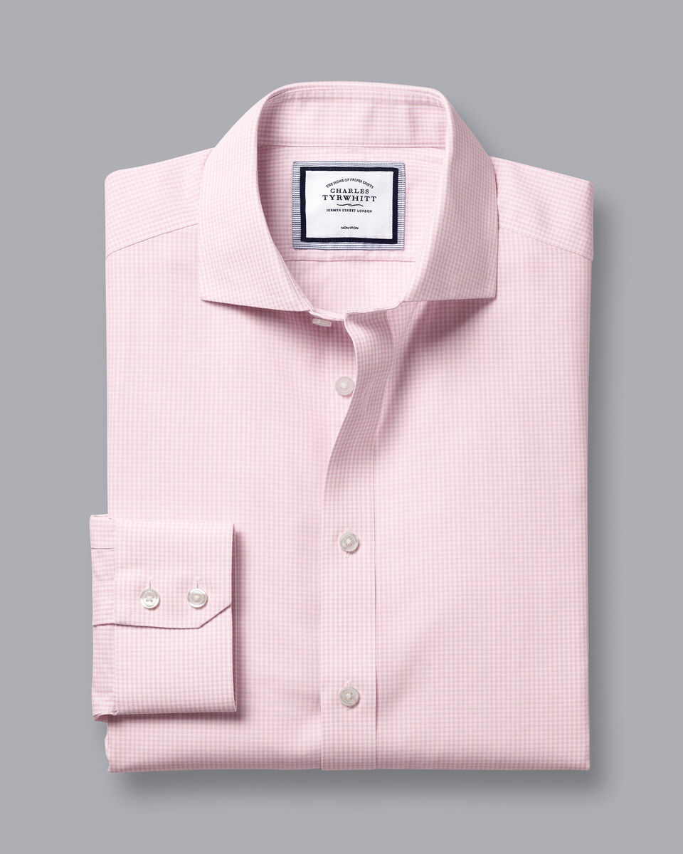 Spread Collar Non-Iron Mini Gingham Check Shirt - Light Pink | Charles ...